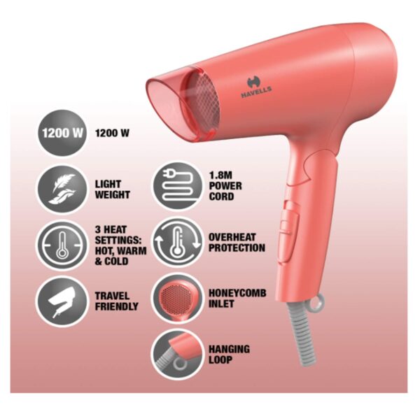 Havells HD2223 1200 Watts Foldable & Travel Friendly Hair Dryer, 3 Heat (Hot/Cool/Warm) Settings, with Overheat Protection (Coral)